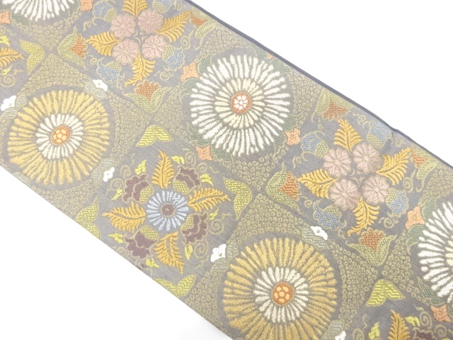 JAPANESE KIMONO / FUKURO OBI / SILK / WOVEN CHECKERED & FLOWERS